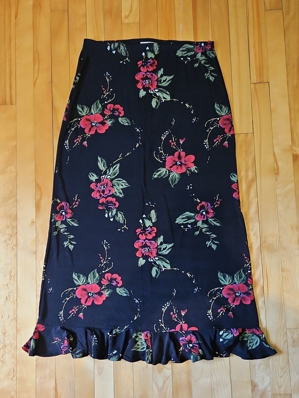 Susan Lawrence Black Maxi Skirt with Red Floral Print